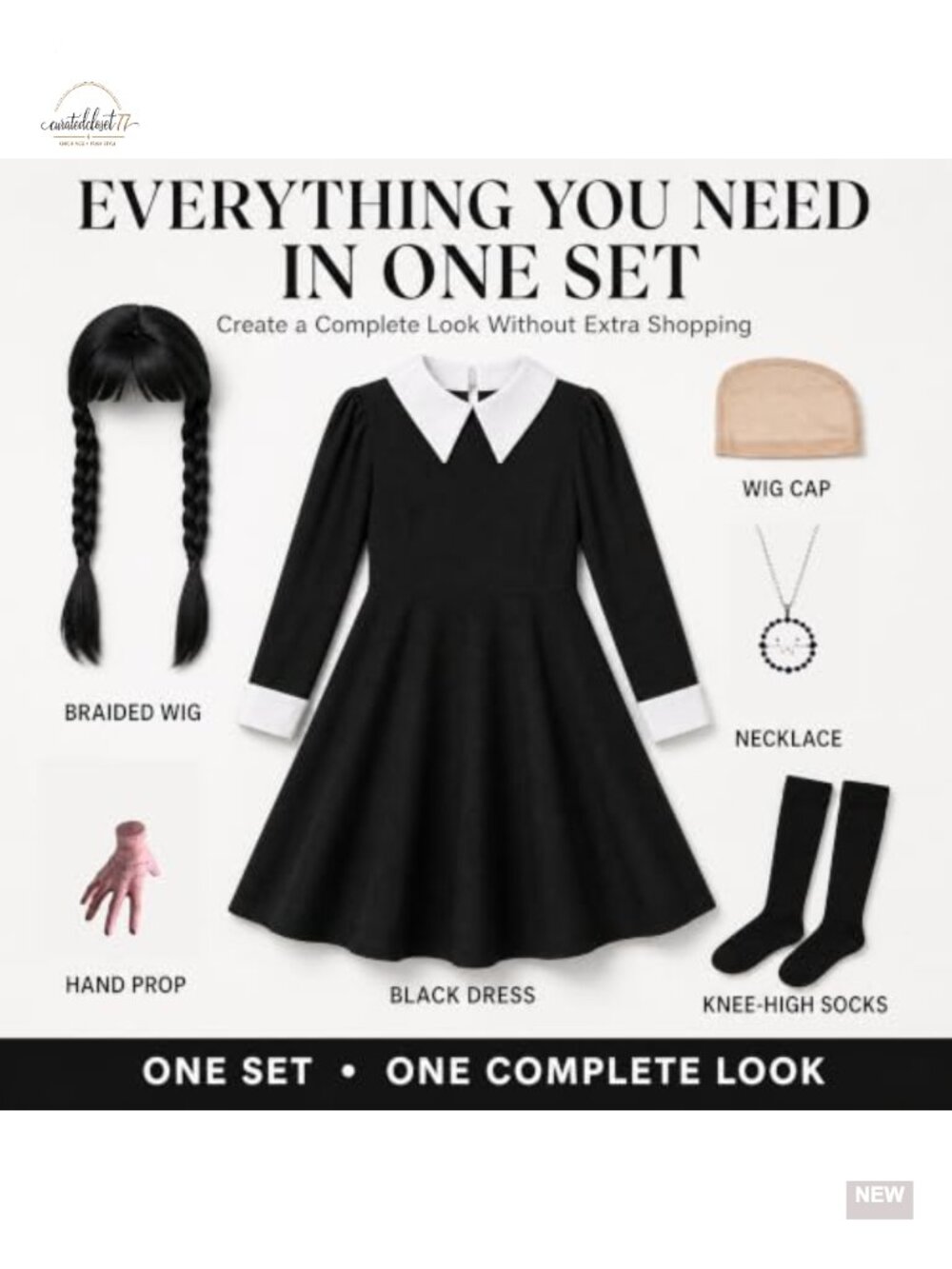 Girls Gothic Black Dress Cosplay Set with Wig Necklace Socks Halloween Costume - Picture 3 of 5